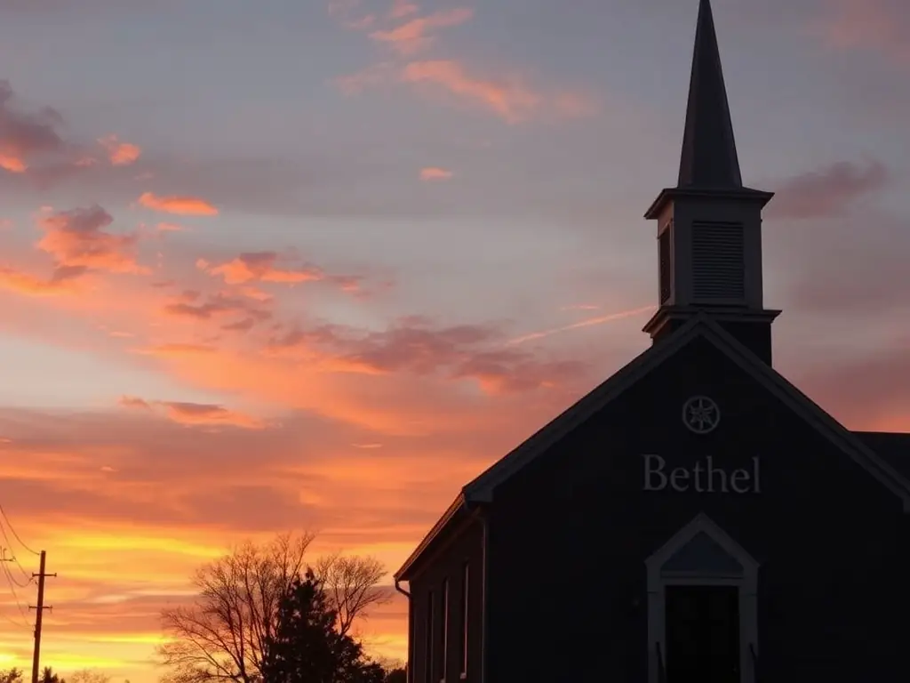 A picturesque view of the Bélinay church at sunset, highlighting its architectural beauty and the serene environment it provides for reflection and community gatherings.