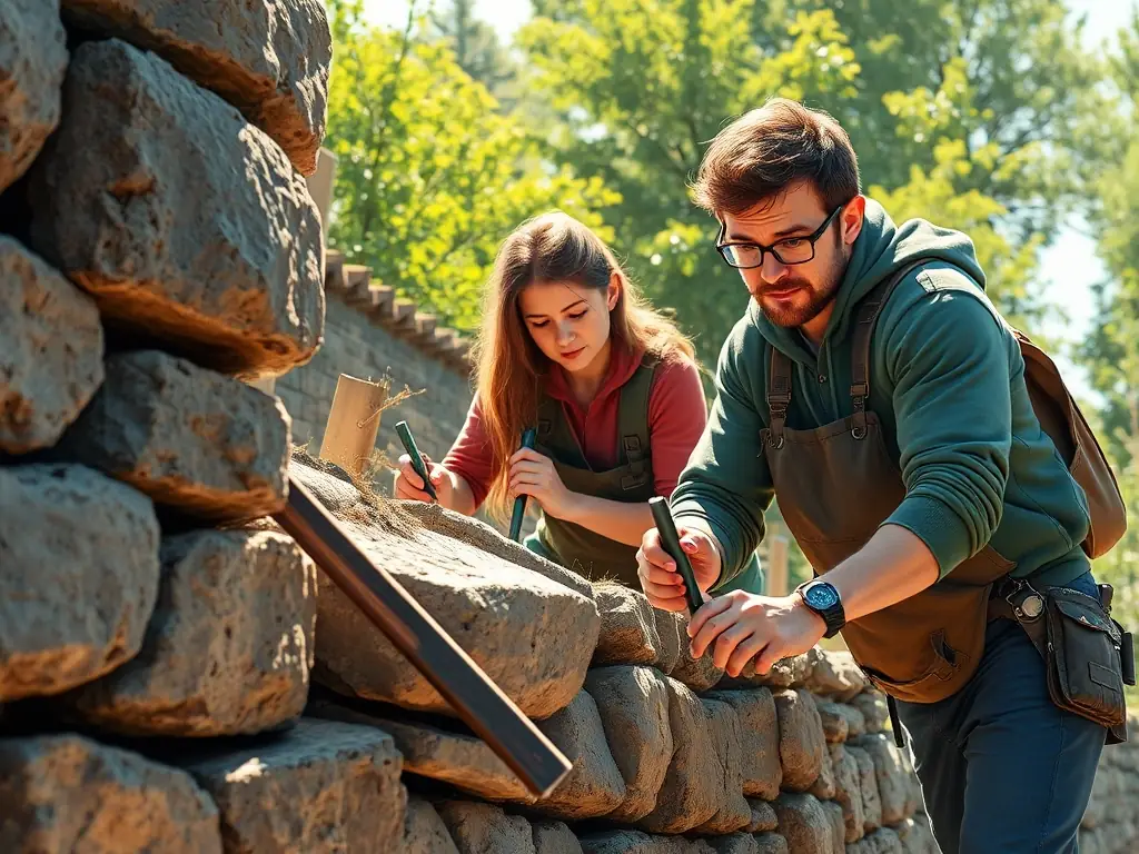 A photograph capturing a group of volunteers meticulously cleaning and restoring a section of the Bélinay chapel's ancient stone wall, showcasing their dedication to preserving the historical architecture.