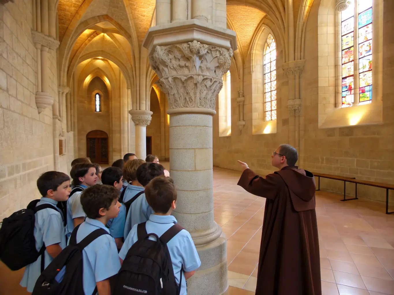 A photograph of children participating in an educational tour of the Bélinay chapel, guided by a knowledgeable member of the association who is pointing out historical features and sharing stories.