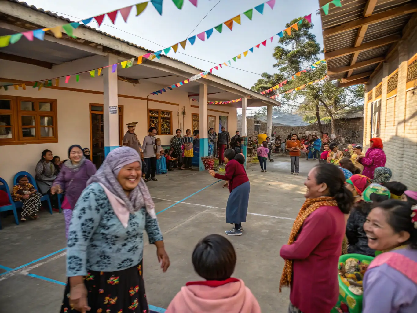 A vibrant image of a community event held at the restored chapel, with people of all ages participating in traditional activities and enjoying local cuisine.
