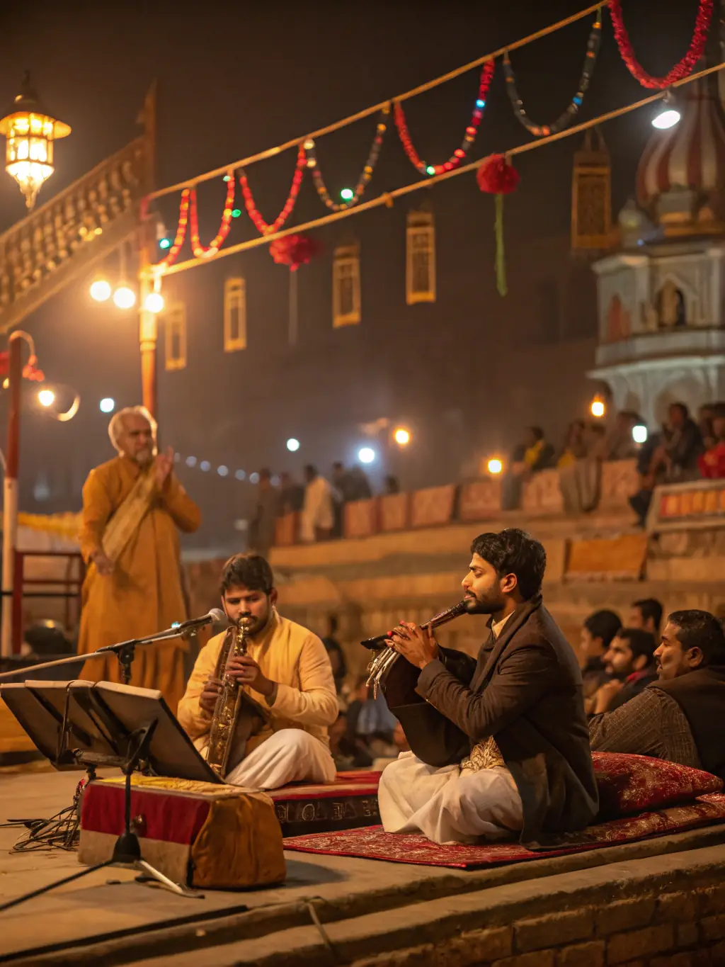 A vibrant image capturing a traditional music performance inside the Chapelle de Belinay during a cultural event.